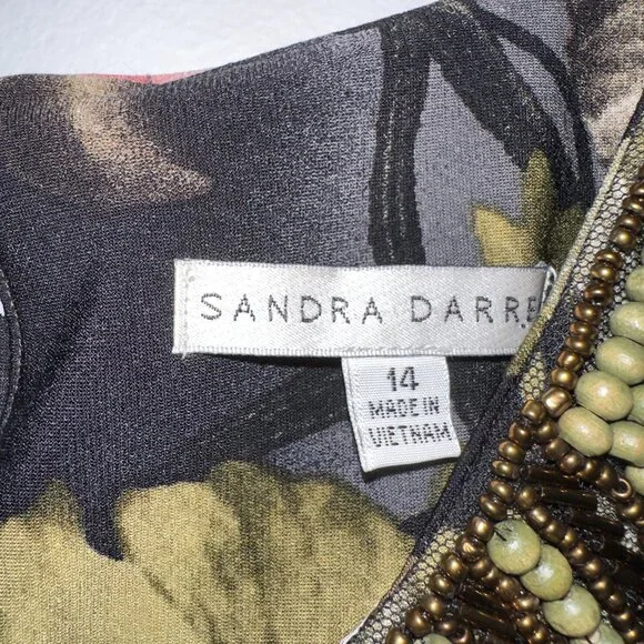 NWT Sandra Darren SZ14 Green, Black Pink Floral Beaded Neckline Sleeveless Dress - Picture 8 of 12